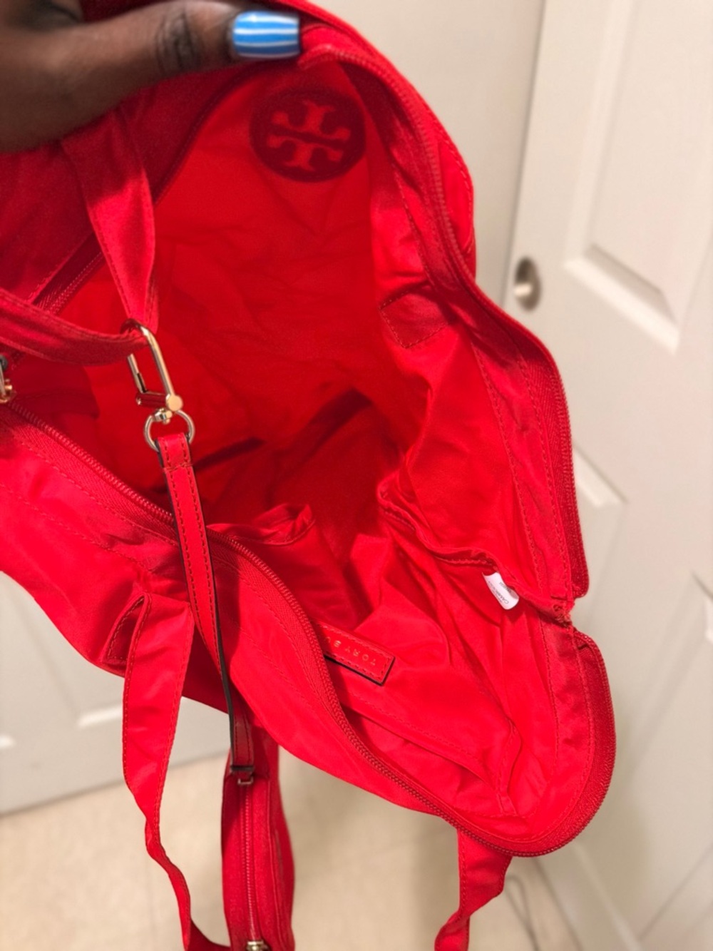 Tory Burch Bright Red Nylon Tote with Gold-Tone Hardware
